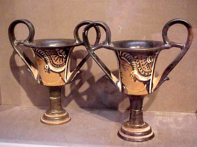 Red-figured Greek Red-Figure Kantharos (Drinking Vessels) with Female Heads 320-310 BCE Terracotta
