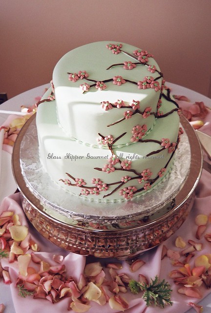 Asian Inspired Cherry Blossom Wedding Cake Fondant icing tinted pale green 