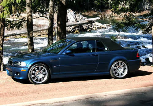 Side profile picture of the new 2004 BMW M3 during a family road trip to