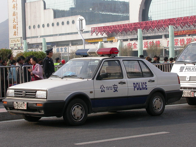 Shenzhen China Volkswagen Jetta police car near the railway station