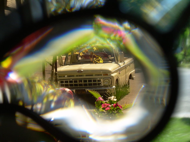 My 1965 ford pickup shot through the leaded beveled glass in my front door