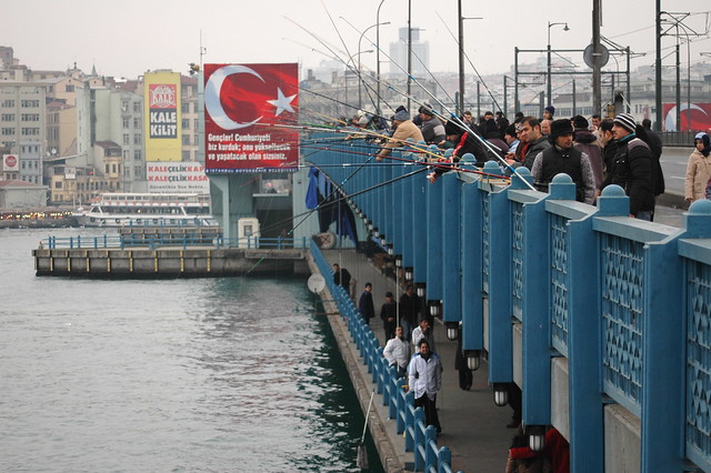 Fishing off the Galata Bridge, Istanbul, Turkey