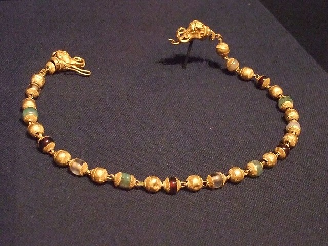 Necklace Greek 2nd century BCE Gold emerald garnet and rock crystal