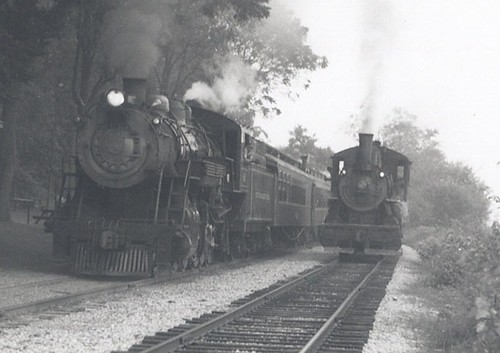 Two trains meet on the Strasburg Railroad. Strasburg Pennsylvania USA. August 1990. by Eddie from Chicago