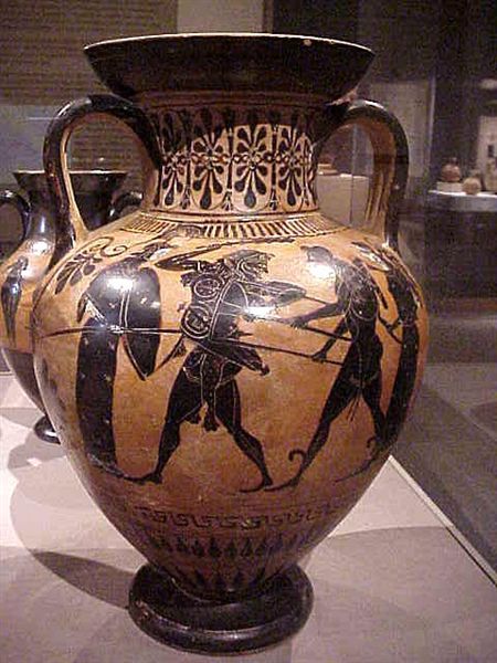 Black-figured Greek Attic ceramics of the 6th century BCE often featured the achievements of mythic heroes like Herakles (Hercules) shown here in his traditional lion skin and wielding a club battling Apollo 520 BCE