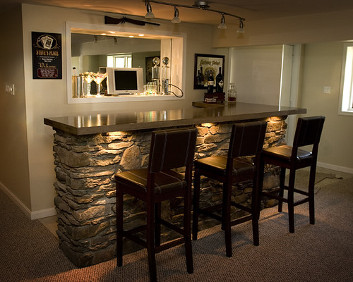Basement bar | With built-in lighting, stone cover | By: AliBlog ...