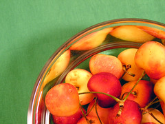 Rainier cherries in a glass bowl