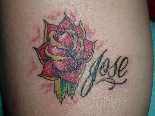Traditional Rose Tattoo with Name by Jon Poulson