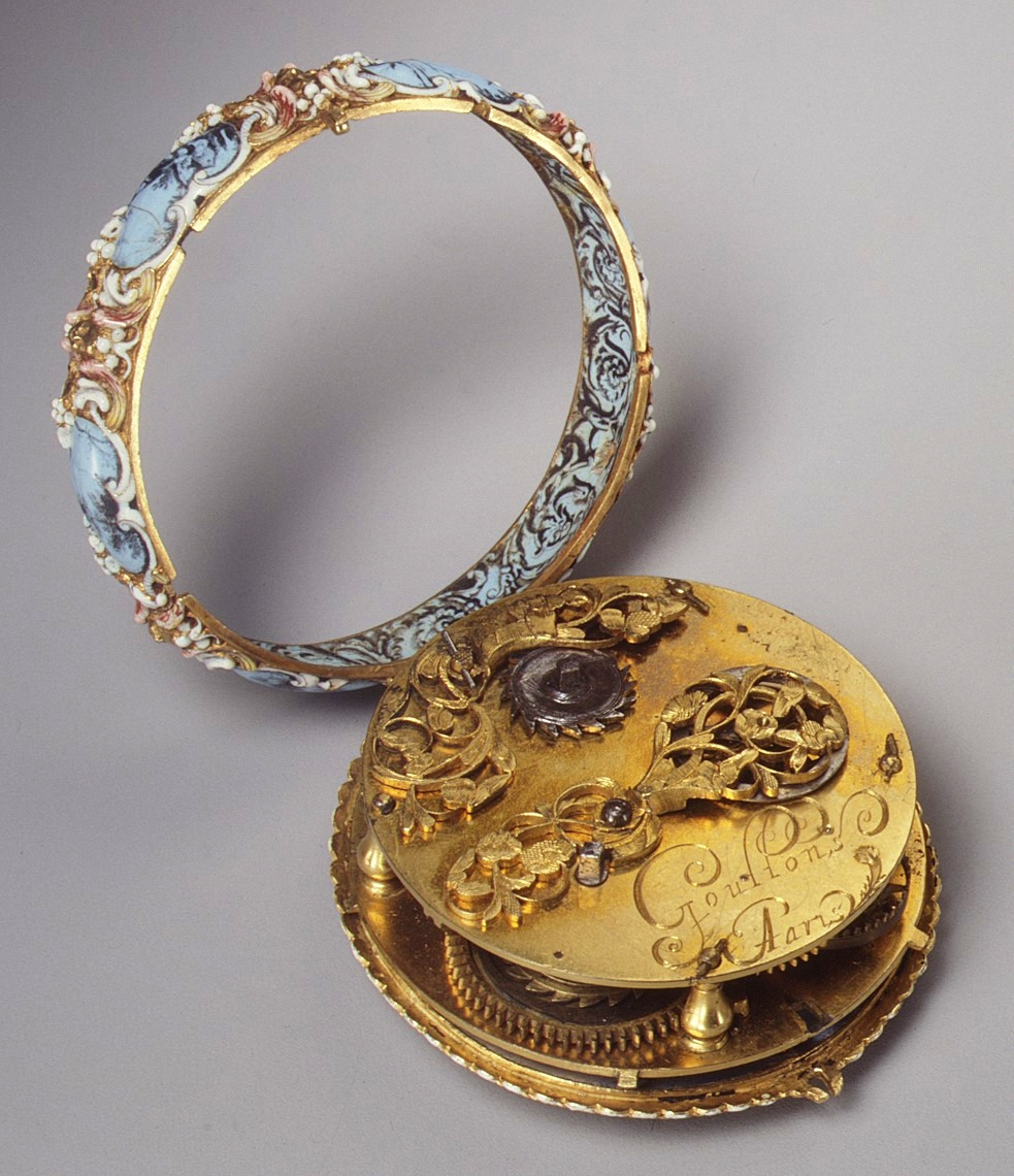 1645. Watch. Jacques Goullons. Case and dial of enameled gold; hand of steel; movement of brass, partly gilded, and steel. metmuseum