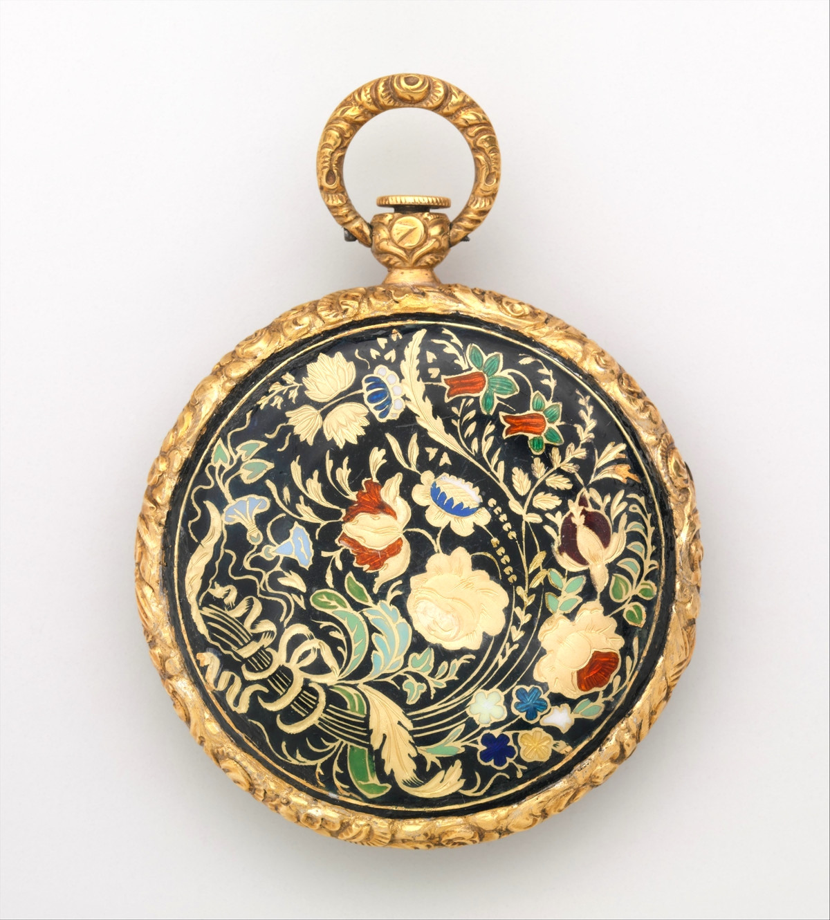 1822. Watch. French, Lyon. Case of gold and enamel, with floral design; jeweled movement, with cylinder escapement. metmuseum