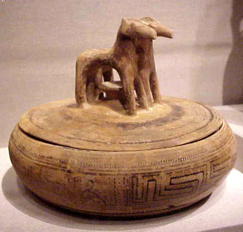 Pyxis with Lid featuring two standing horses Greek 8th century BCE