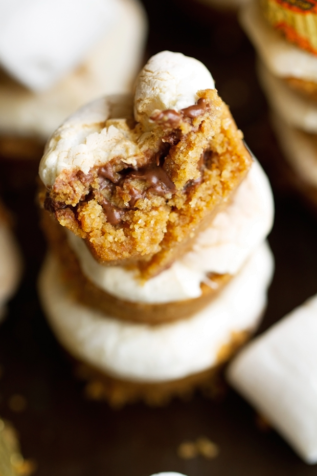 5 Ingredient Peanut Butter Stuffed S'mores Bites - These contain a peanut butter cup in the center and are so delish! #smoresbites #smores #peanutbutter #peanutbuttercups | Littlespicejar.com