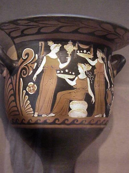 Red-Figure Bell Krater with Three Women and Three Youths Greek by the Apulianizing Painter 330-320 BCE Terracotta