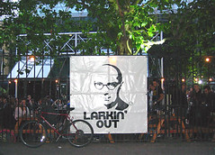 Philip Larkin stencilled on a club night banner