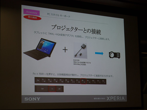 Xperia アンバサダー ミーティング スライド : Xperia Z4 Tablet では、MHL → VGA 変換アダプタ等を利用して、プロジェクターと接続することが可能です
