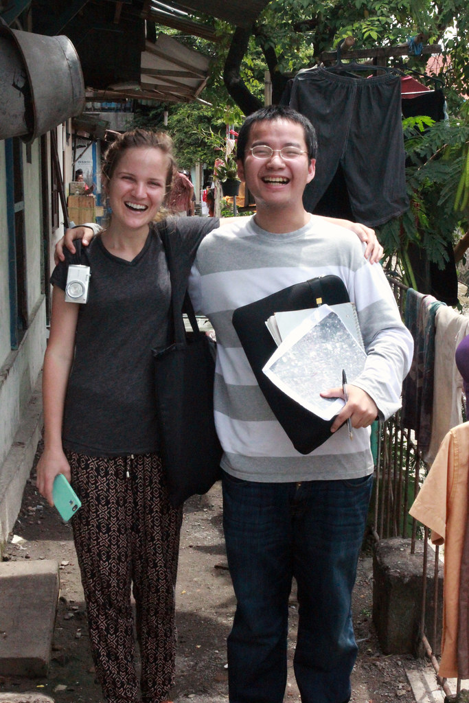 Sarah Dougherty (M.R.P. '16) and Thet Hein Tun (M.R.P. '16), pose for a photo while collecting data for one of the case studies of informal urban settlements along the Pepe River in Surakarta, Indonesia, as part of the International Development Planning Workshop. 