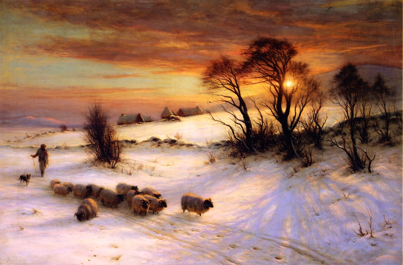Herding Sheep in a Winter Landscape at Sunset by Joseph Farquharson