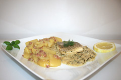 Poached Coalfish in cress sauce with potato salad / Pochierter Seelachs in Kresse-Sauce mit Kartoffelsalat
