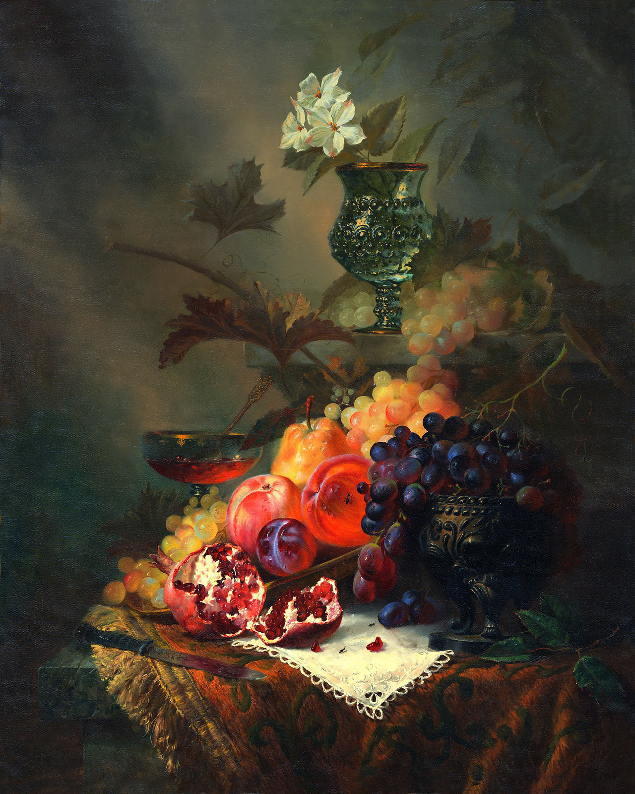 Still Life with Grapes, Peaches and Pomegranate: Extraordinary Painting by Alexei Antonov