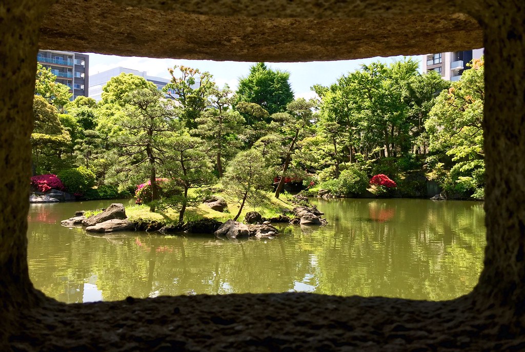 A view from the inside the stone lamp at the Old Yasuda Garden