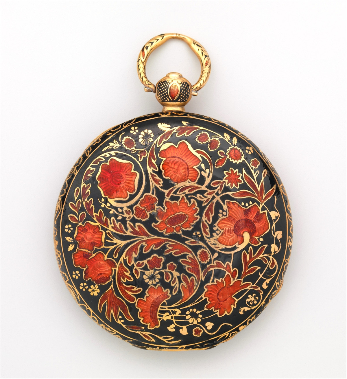 1830. Watch. Swiss, Geneva. Case of gold and enamel, with floral design; jeweled movement, with cylinder escapement. metmuseum