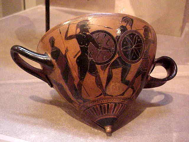 Black-figured Mastos cup with combat scene Greek 530 BCE