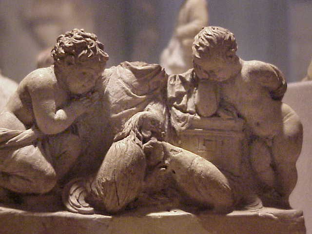 Three People Watching a Cock Fight Greek 330-100 BC (Hellenistic) Terracotta