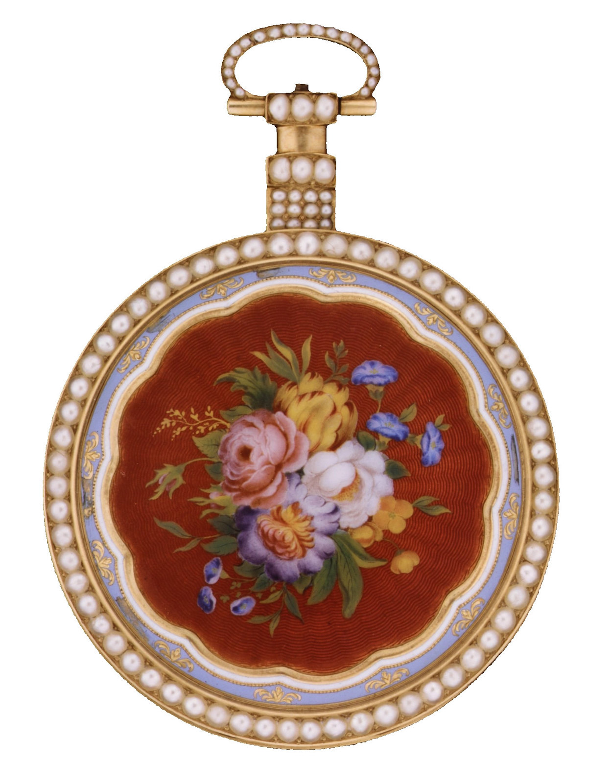 1819. Watch. British, London. Case of gold, enamel, and pearls, with floral design; jeweled movement, with ruby cylinder escapement. metmuseum