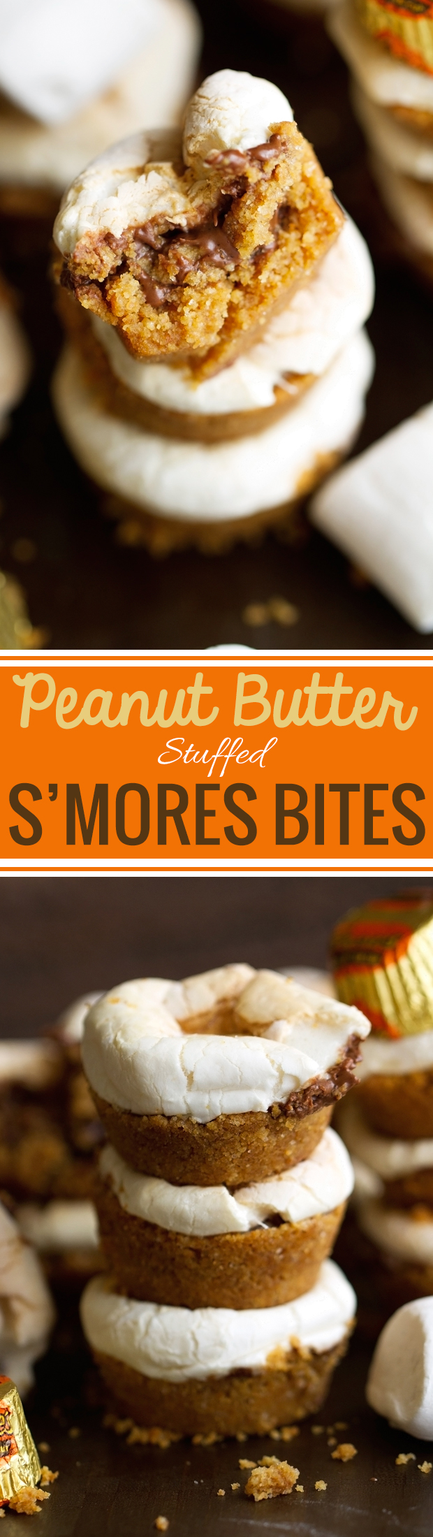 5 Ingredient Peanut Butter Stuffed S'mores Bites - These contain a peanut butter cup in the center and are so delish! #smoresbites #smores #peanutbutter #peanutbuttercups | Littlespicejar.com