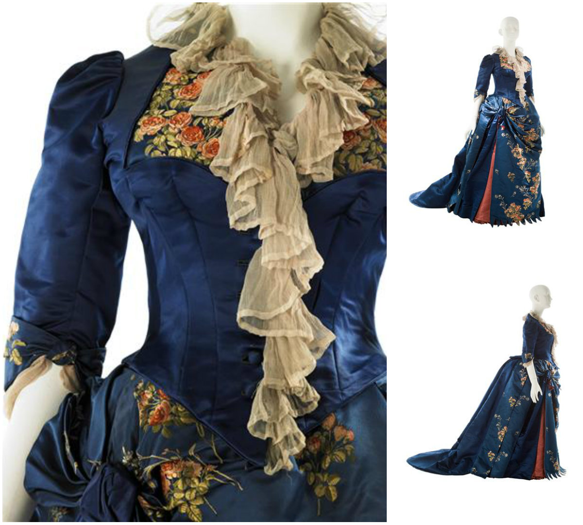 1883. Afternoon Dress. Dark blue satin; dark blue satin brocaded with bouquets of coral pink to rust colored roses and white stemmed flowers; petal pink chiffon; rust satin. Credit MCNY