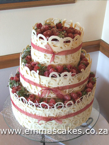 3 tier wedding cake White chocolate collars with chocolate lace overlay 