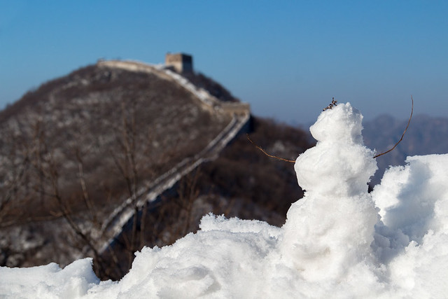 Great Wall of China with snowman