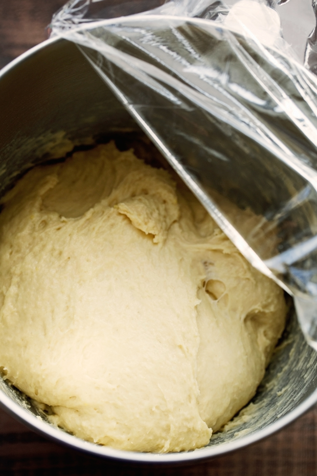dough for rolls in stand mixer bowl