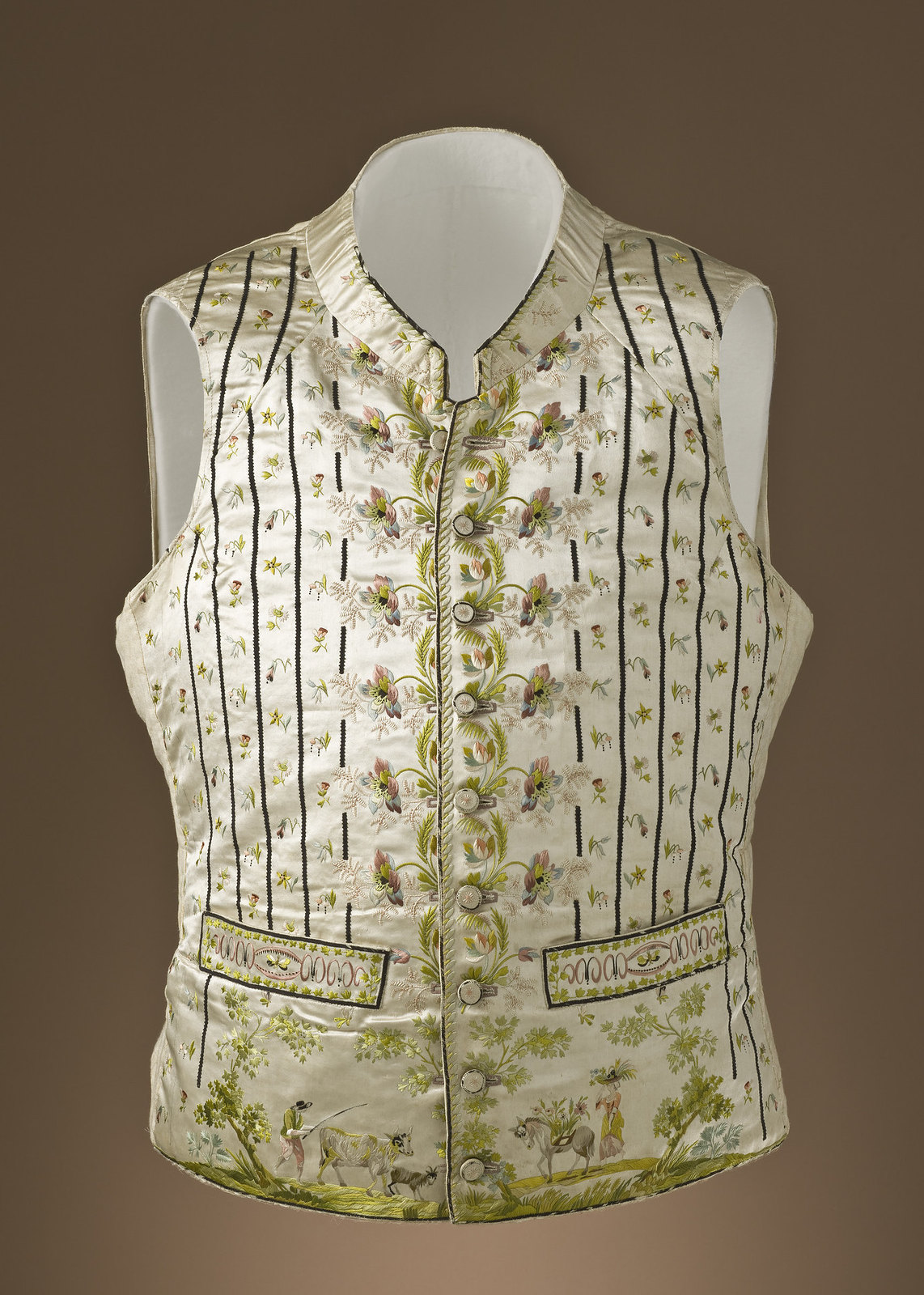 1785. French. Silk satin with silk embroidery and silk grosgrain ribbon. LACMA