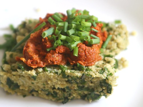 Millet Polenta with Swiss Chard and Sun Dried Tomato Pesto