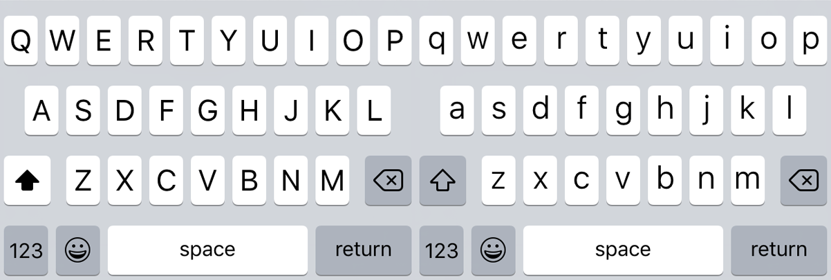 Uppercase and lowercase states of the iOS 9 keyboard