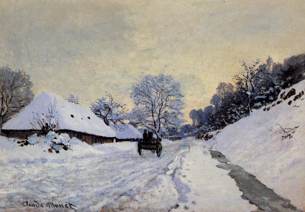 A Cart on the Snow Covered Road with Saint-Simeon Farm by Claude Oscar Monet - c. 1865