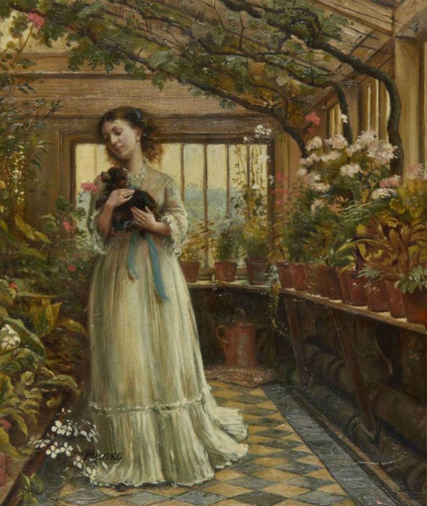 Dora laughing held the dog up childishly to smell the flowers by George Goodwin Kilburne, 1874