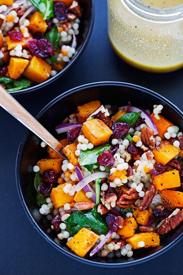Autumn Pearl Couscous Salad with Roasted Butternut Squash - tossed in a light dijon vinaigrette. This salad is hearty and filling! #roastedbutternutsquash #autumnsalad #harvestsalad | Littlespicejar.com