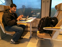 Damien and I traveling through France and Italy by train