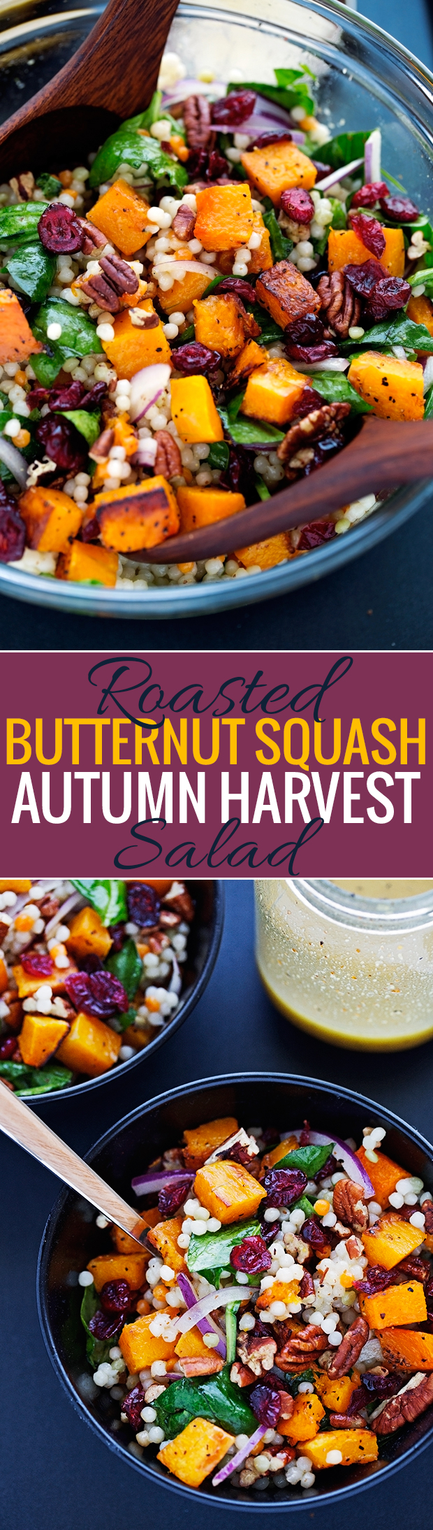 Autumn Pearl Couscous Salad with Roasted Butternut Squash - tossed in a light dijon vinaigrette. This salad is hearty and filling! #roastedbutternutsquash #autumnsalad #harvestsalad | Littlespicejar.com