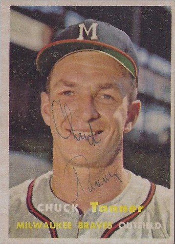 1957 Topps - Chuck Tanner #392 (Outfielder) (b. 4 Jul 1928 - d. 11 Feb 2011 at age 82) - Autographed Baseball Card (Milwaukee Braves)
