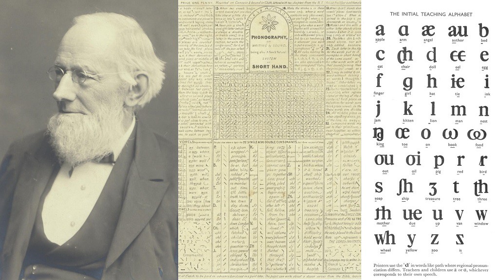 伊萨克·皮特曼爵士与原始教学字母的图片和《声像学——有声书写》的封面