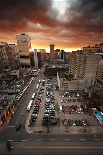 street city sunset toronto ontario canada cars architecture clouds buildings downtown cityscape parking lot wvs ddoi efs1022