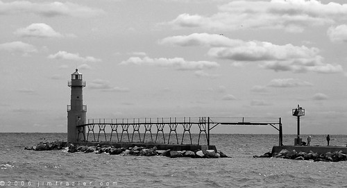 road old trip travel sea vacation sky blackandwhite bw cloud lighthouse white lake black history water monochrome weather wisconsin clouds landscape bay harbor pier scenery skies technology structures machine engineering roadtrip 2006 structure historic september lakemichigan equipment machinery infrastructure historical americana roadside navigation doorcounty q3 apparatus breakwater algoma bwset ©jimfraziercom