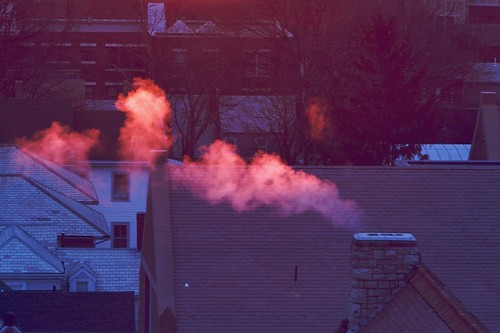 morning houses roof red chimney color rooftop sunrise purple smoke magenta