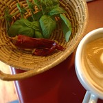 Homegrown herbs and chillies - - and a homemade latte