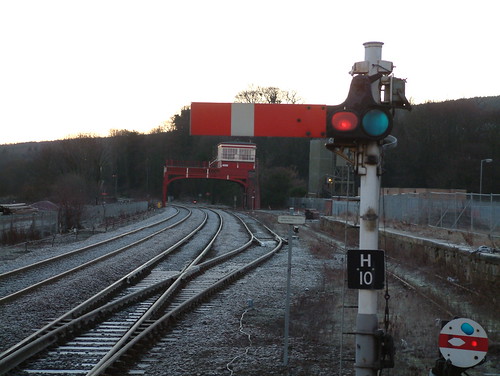 cold station train sunrise railway signal semaphore hexham