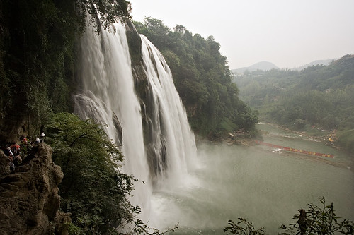 china travel mist motion water river landscape waterfall asia chinese overcast tourists falls guizhou baihe anshun huangguoshu