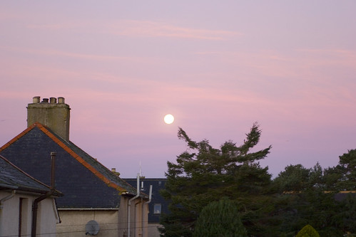 sky moon sunrise highlands rooftops purple